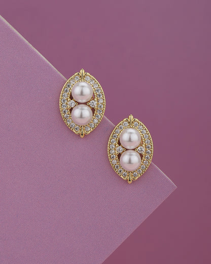 Premium Gold-Plated Twin Pearl CZ Oval Stud Earring
