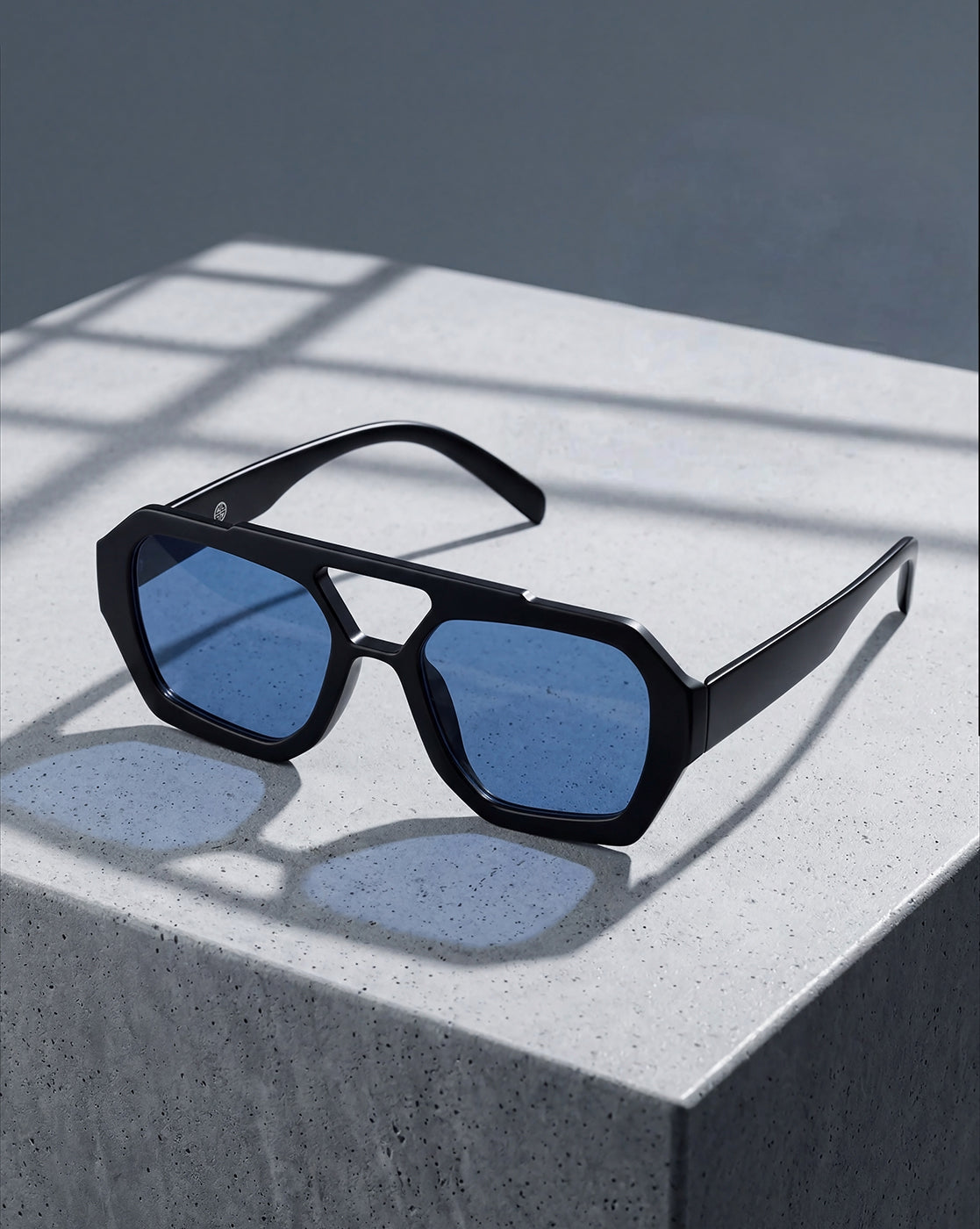 Unisex Black Toned UV Protected Blue Lens Hexagonal Sunglasses