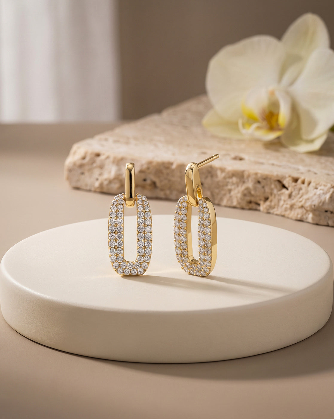 18Kt Gold-Plated CZ-Studded Oval Link Drop Earrings
