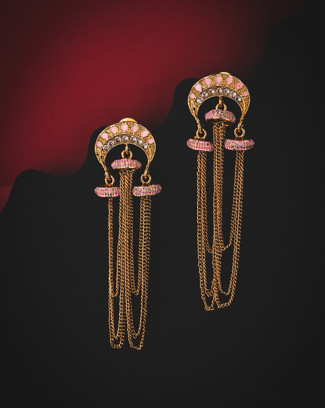 Gold Plated CZ Enamel Long Chain Statement Drop Earrings