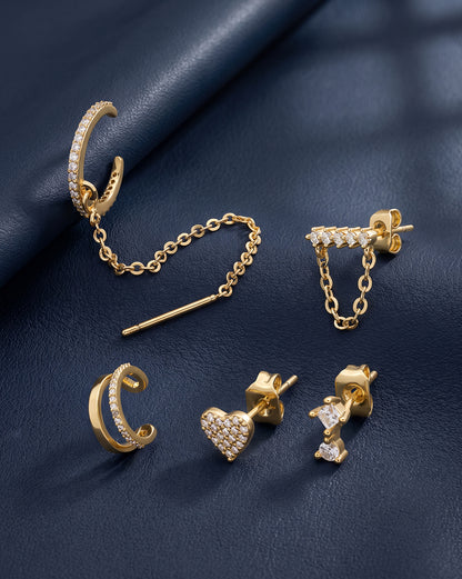 Set of Gold Plated Contemporary CZ Studded Heart, Cuff &amp; Ear Piercing Set