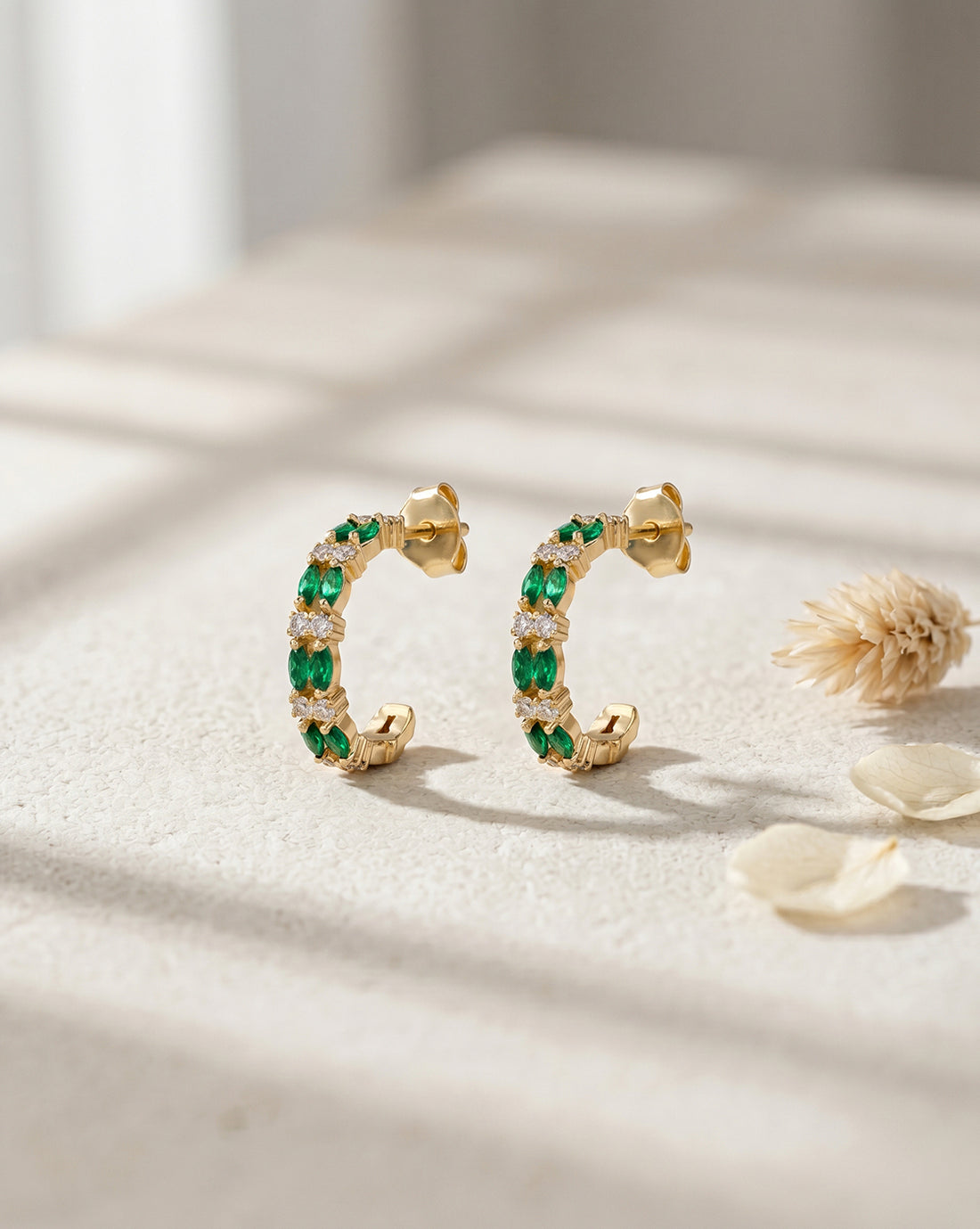 18kt Gold Plated Emerald Studded Double Band Layered Half Hoop Earring
