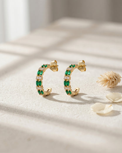 18kt Gold Plated Emerald Studded Double Band Layered Half Hoop Earring
