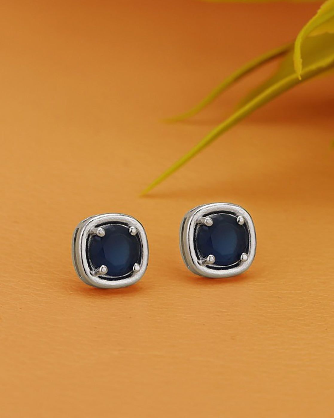 Rhodium Plated Elegant Sapphire Blue Cushion Solitaire Stud Earring
