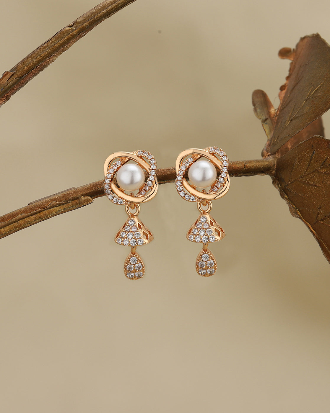Rose Gold Plated CZ Studded and Pearl Drop Earring