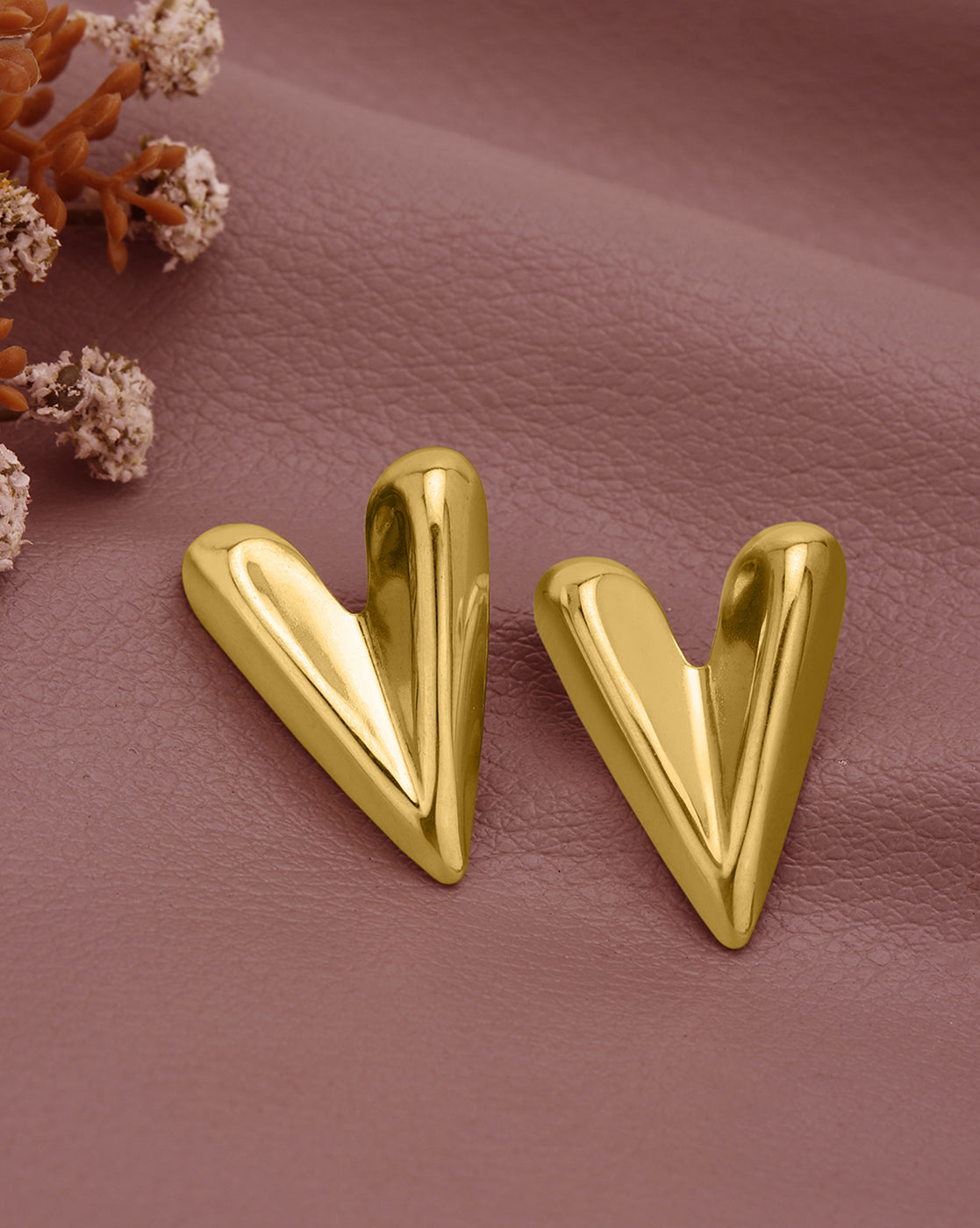 Gold Plated Stylish Elongated V-Heart Stud Earring