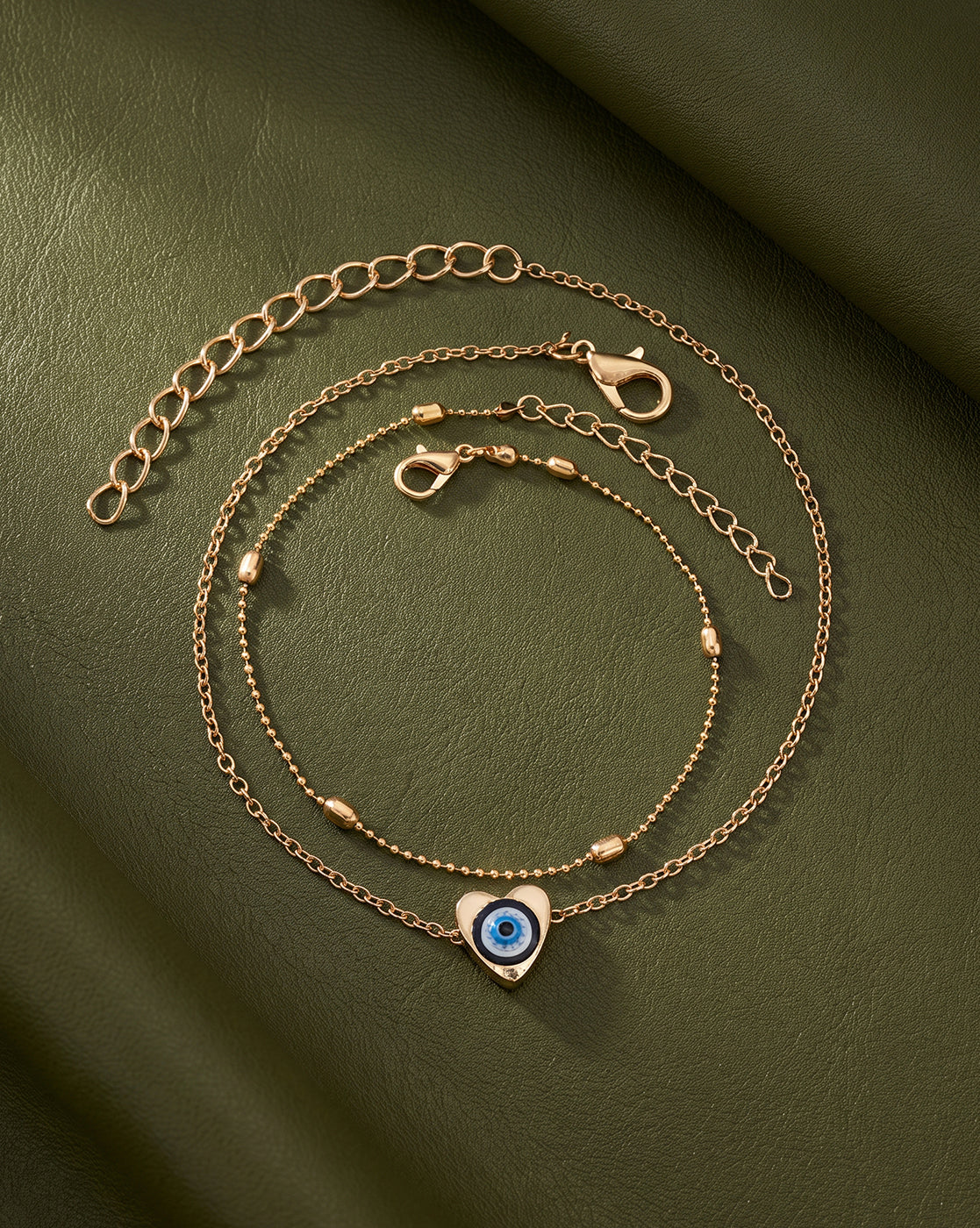 Set of 2 Rose Gold Plated Puff Heart Evil Eye Enamel Layered Anklet