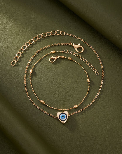 Set of 2 Rose Gold Plated Puff Heart Evil Eye Enamel Layered Anklet
