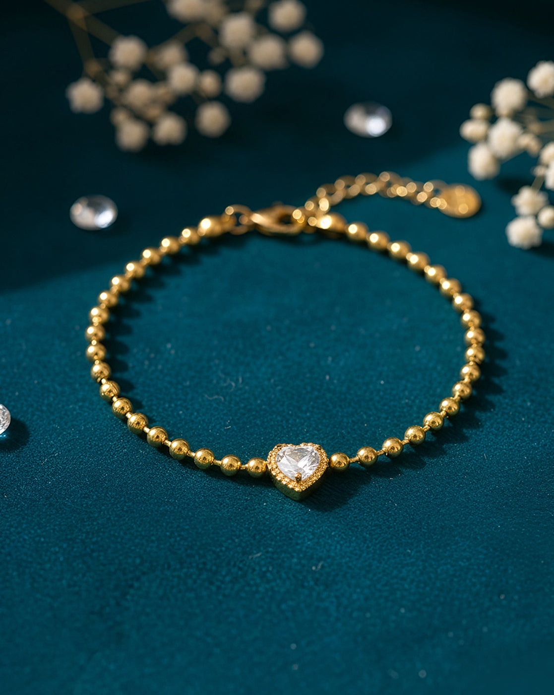 18kt Gold Plated Solitaire Heart Studded Ball Chain Adjustable Bracelet