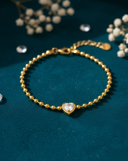 18kt Gold Plated Solitaire Heart Studded Ball Chain Adjustable Bracelet
