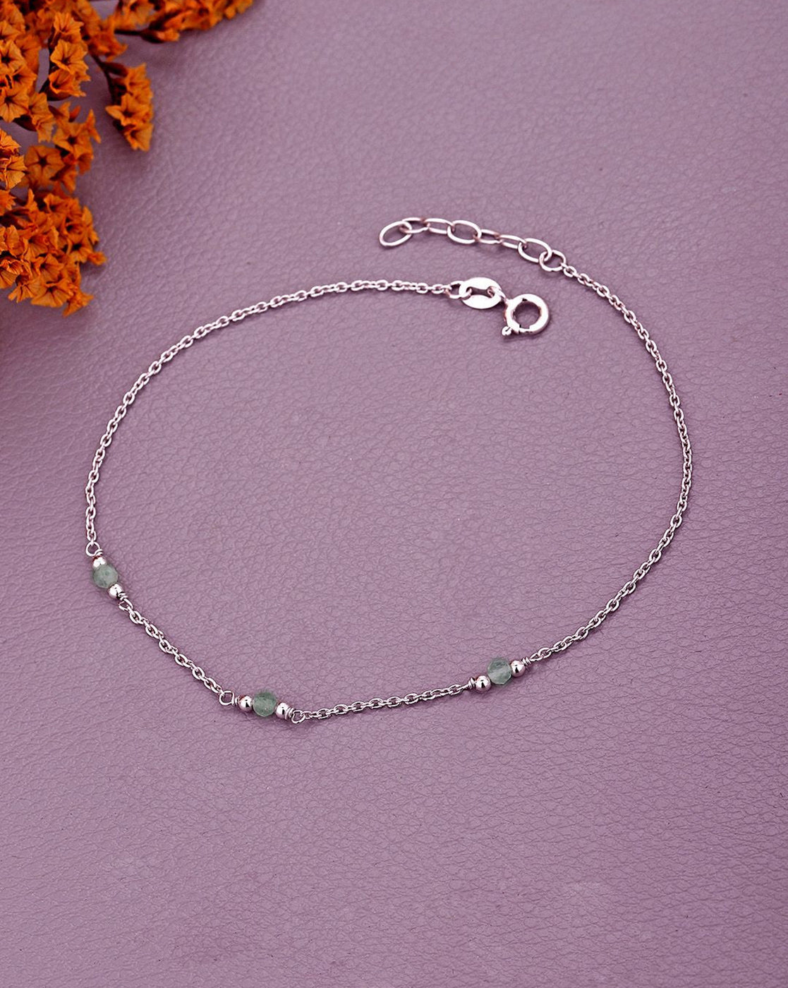 925 Sterling Silver Rhodium-Plated Emerald Studded  Anklet