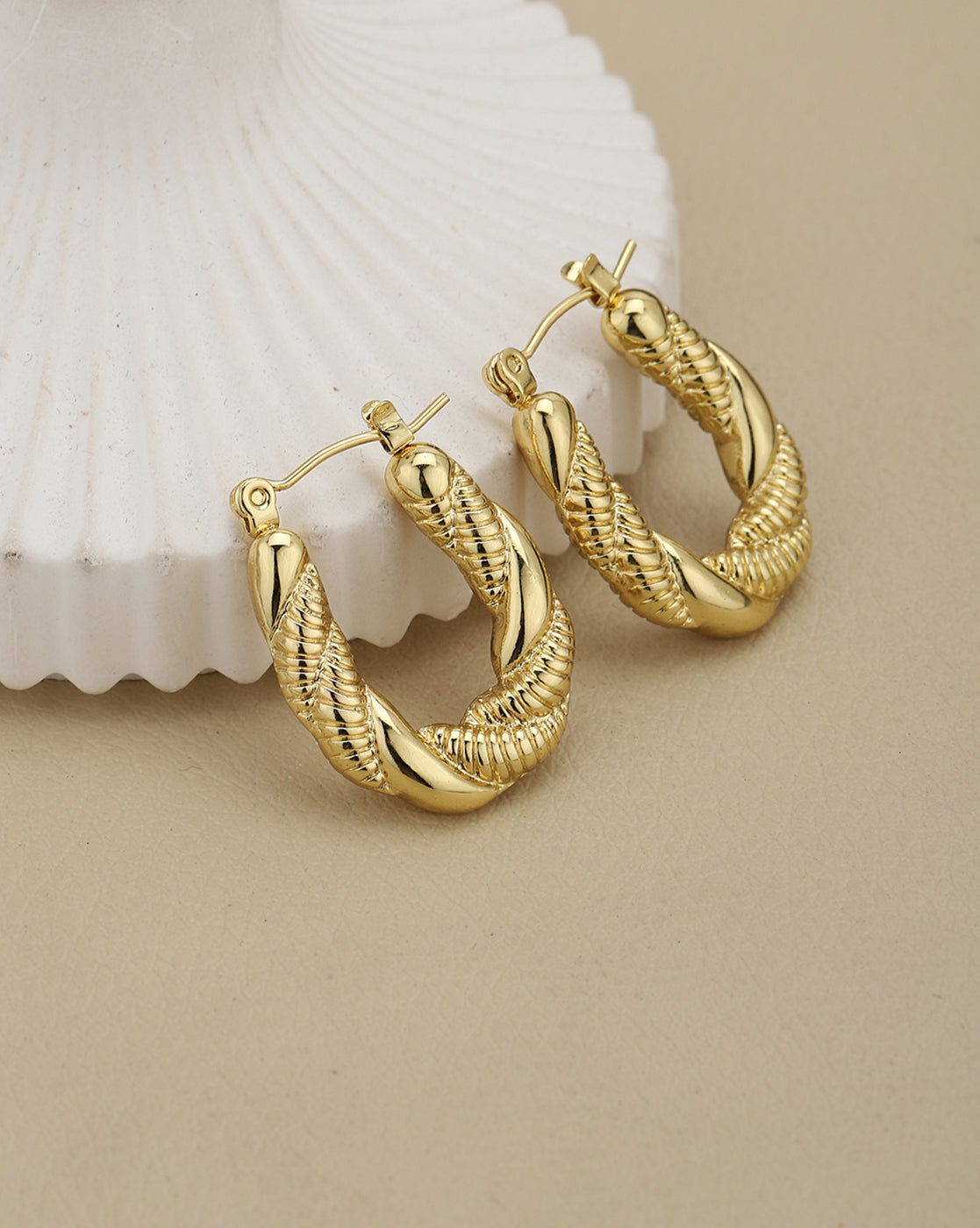 Gold Plated Stylish Twisted Textured Hoop Earring