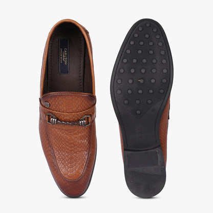 Men Tan Snakeskin Leather Loafers