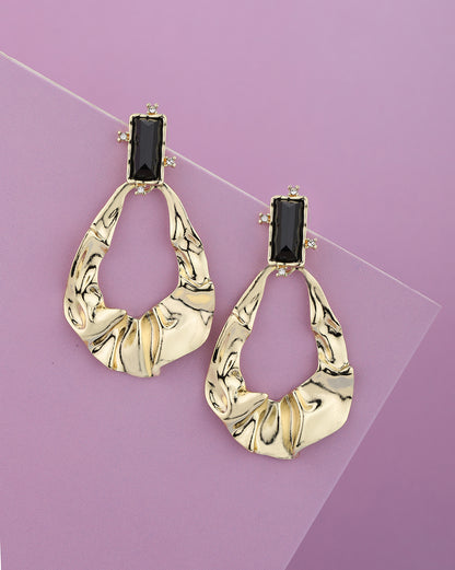 Gold Plated Statement Black Solitaire Stone Hammered Textured Drop Earrings