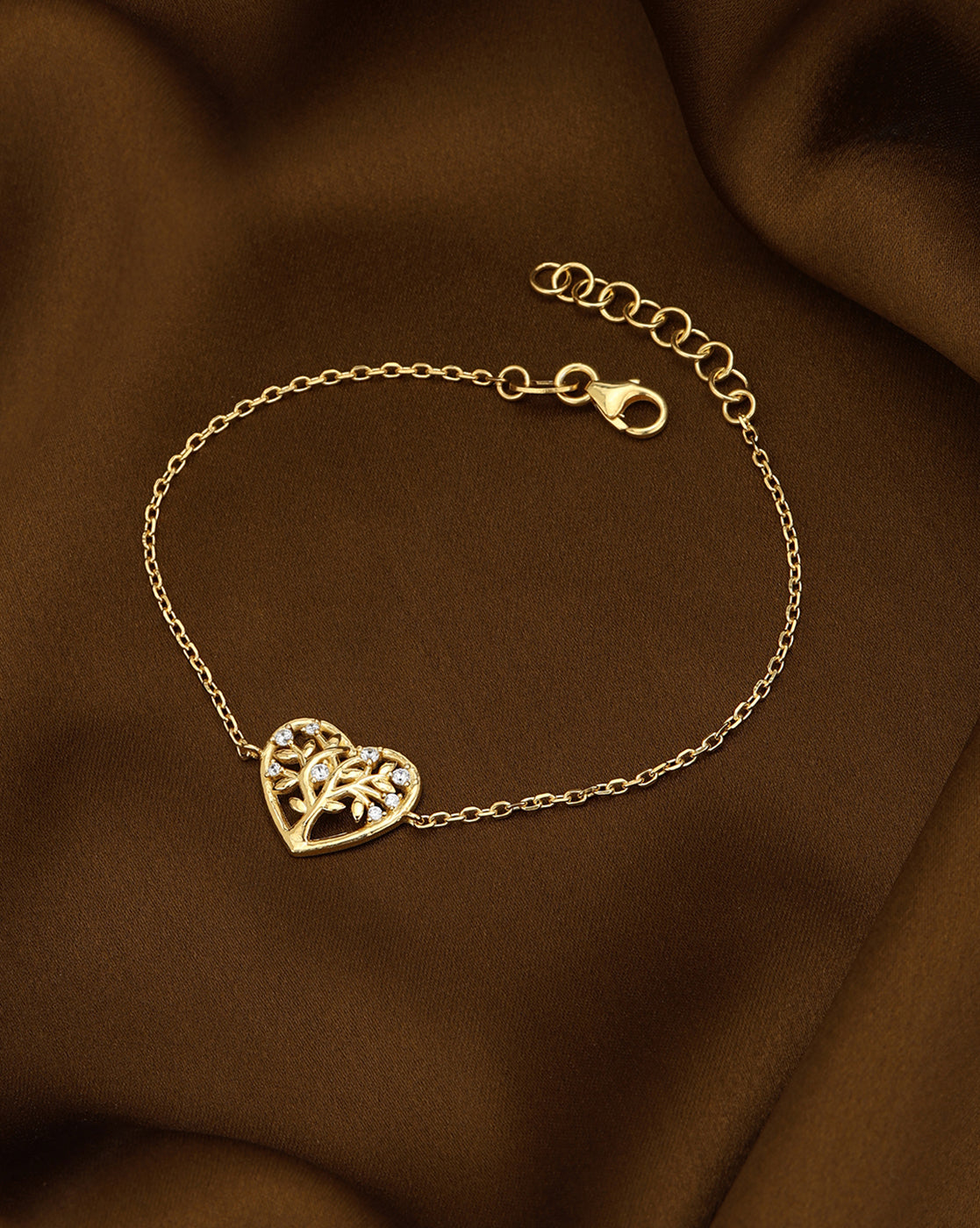 18kt Gold Plated CZ Studded Tree of Life Heart Charm Adjustable Bracelet