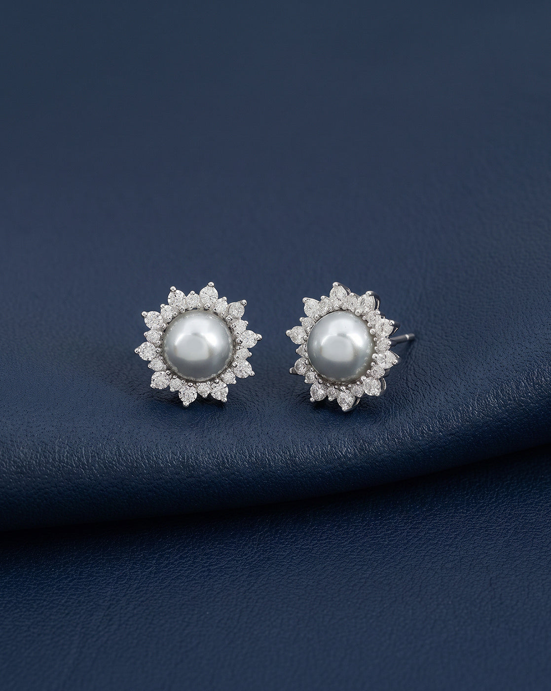 Silver Plated CZ Studded Pearl Halo Floral Stud Earring
