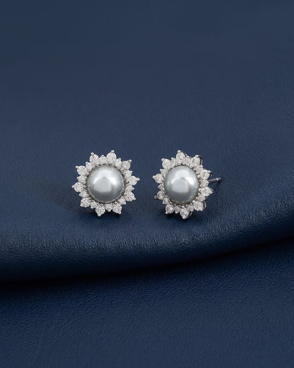 Silver Plated CZ Studded Pearl Halo Floral Stud Earring