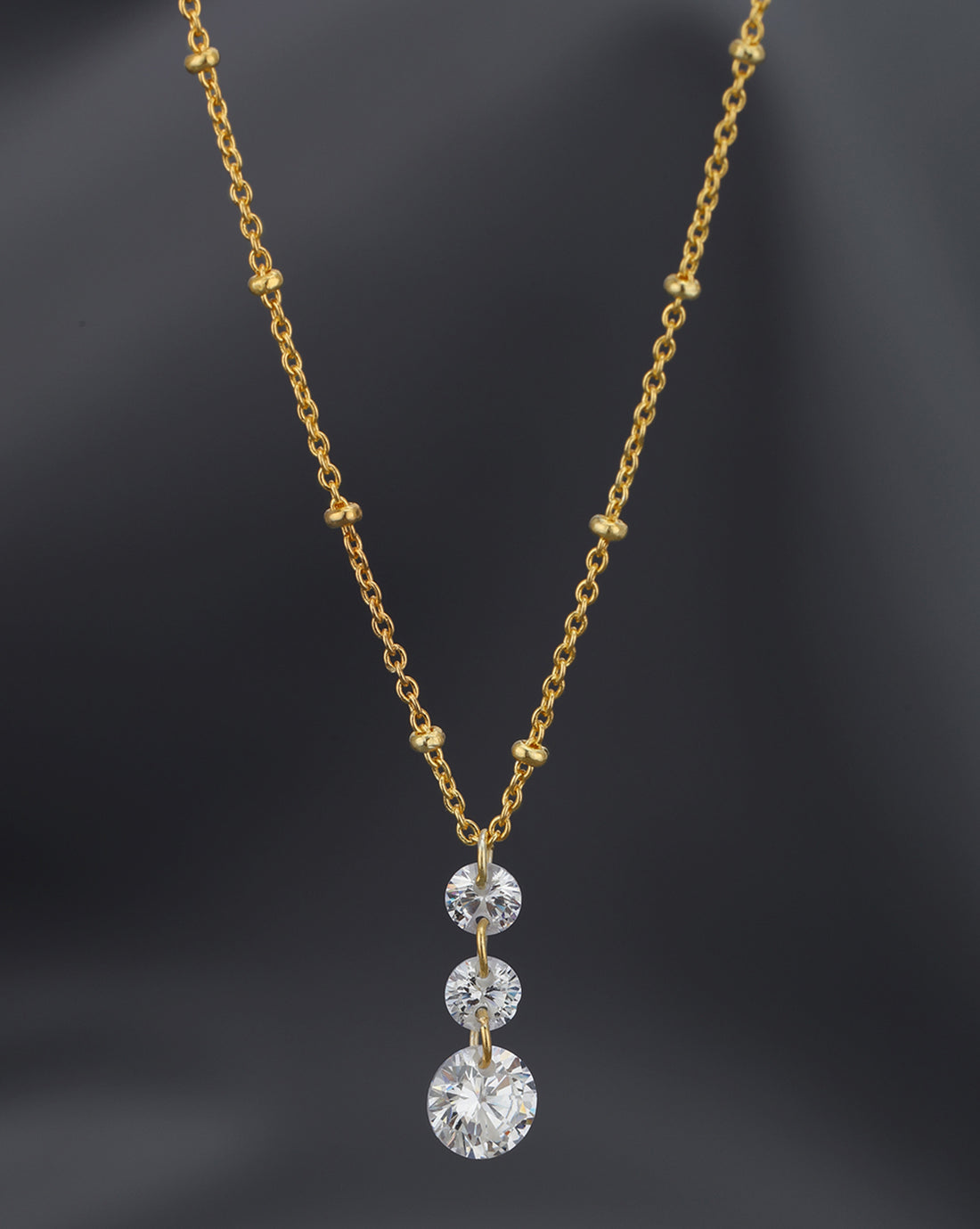 18KT Gold Plated Graduated Solitaire Drop Necklace with Fancy Chain