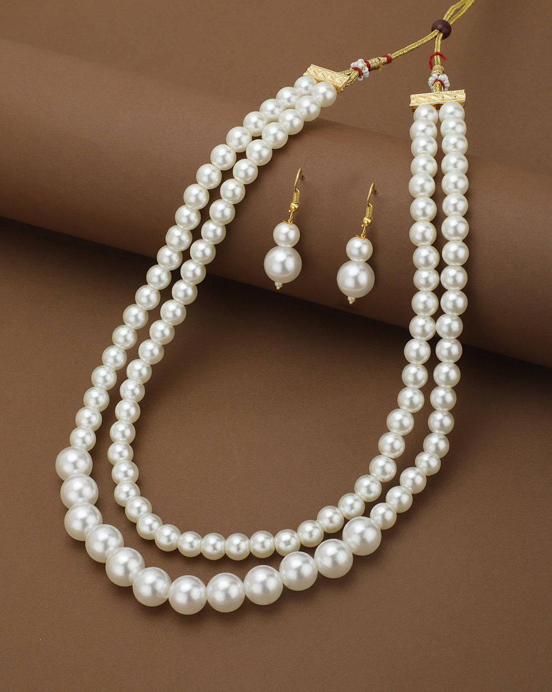 Gold Plated Double Strand Graduating Pearl Long Necklace with Earring Set
