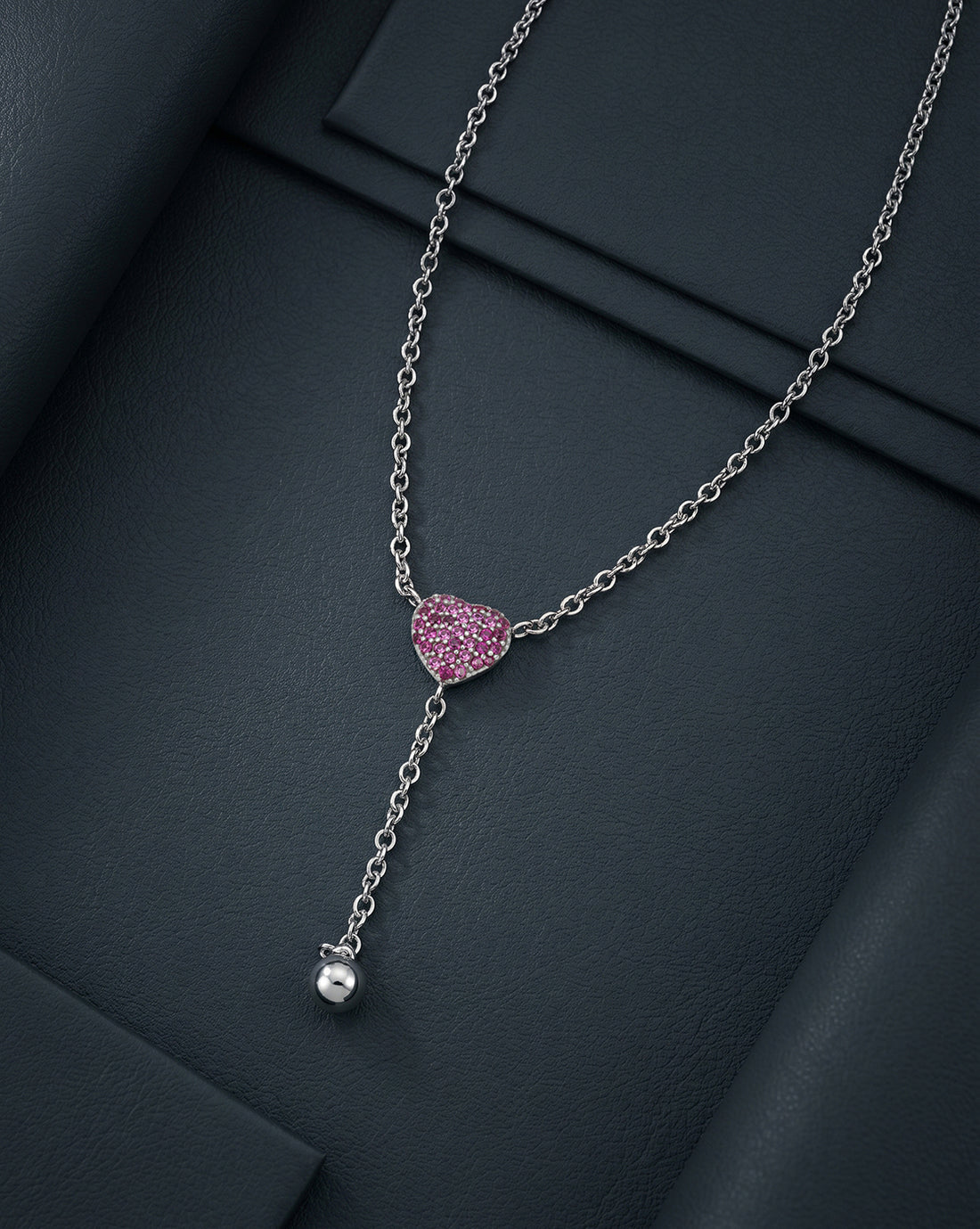 Rhodium Plated Ruby Red Heart Y-Necklace Lariat