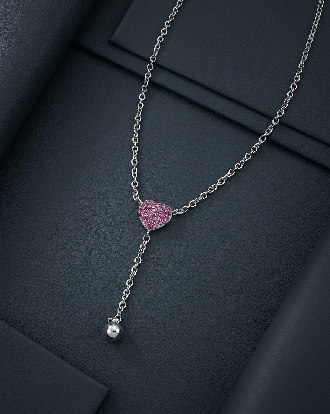Rhodium Plated Ruby Red Heart Y-Necklace Lariat