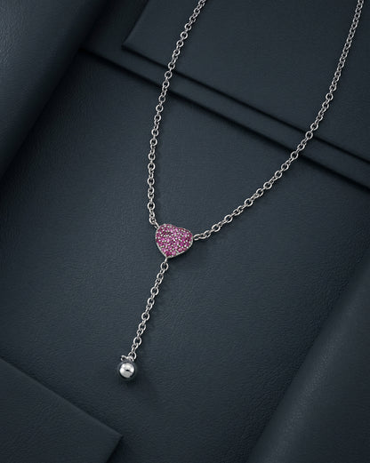 Rhodium Plated Ruby Red Heart Y-Necklace Lariat