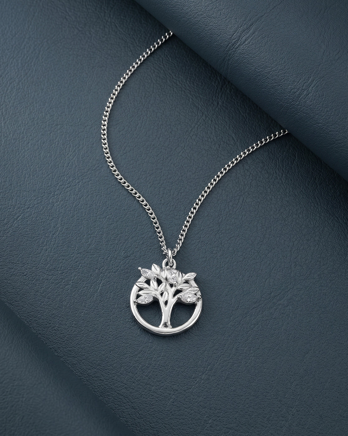 Rhodium Plated CZ Tree of Life Pendant and Chain Necklace