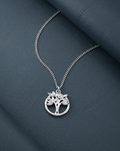 Rhodium Plated CZ Tree of Life Pendant and Chain Necklace