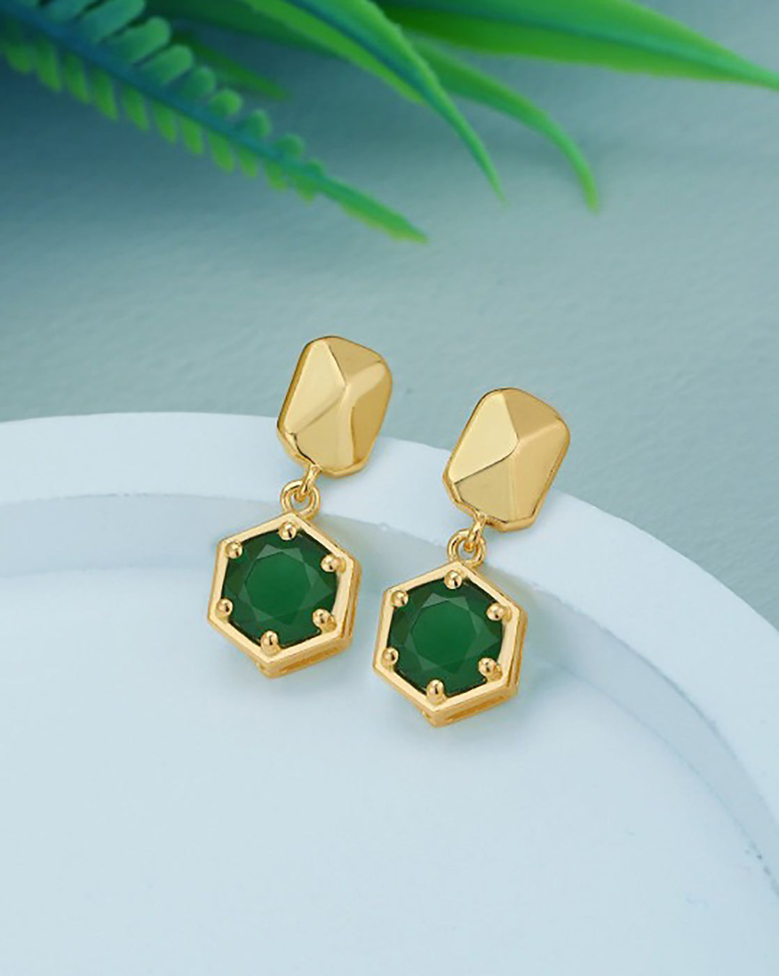 18KT Gold Plated Emerald Green Solitaire CZ Geometric Earrings