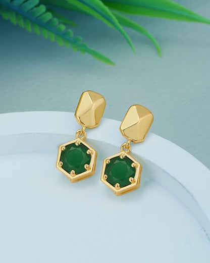 18KT Gold Plated Emerald Green Solitaire CZ Geometric Earrings