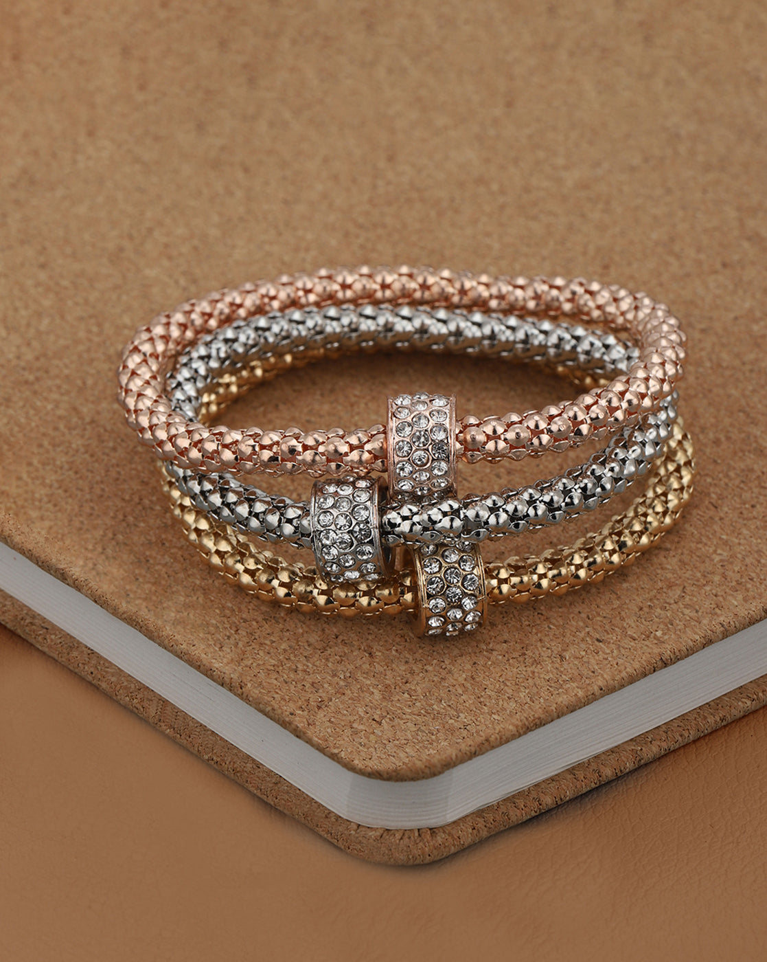 Set of 3 Tri-Color CZ Studded Charm with Popcorn Chain Stretchable Bracelets