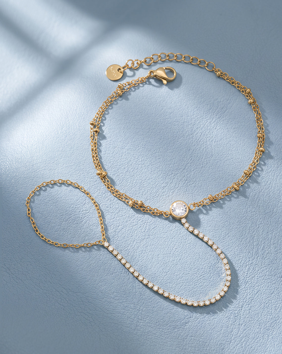 Premium Gold Plated Dainty CZ Studded with Solitaire Hand Chain Bracelet