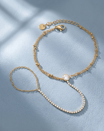Premium Gold Plated Dainty CZ Studded with Solitaire Hand Chain Bracelet