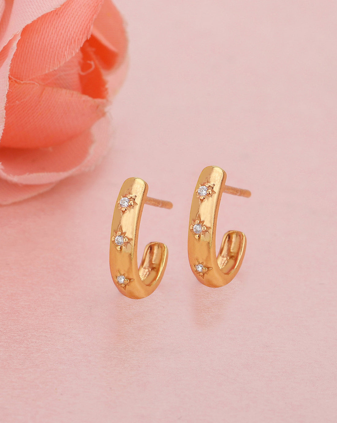 925 Sterling Silver 18kt Rose Gold Plated CZ Half Hoop Earring
