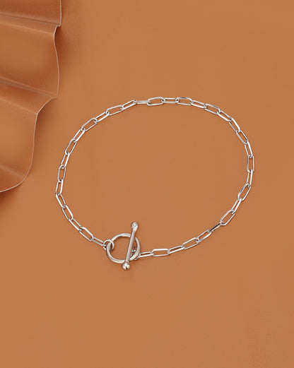 Rhodium Plated Paperclip Chain Toggle Bracelet