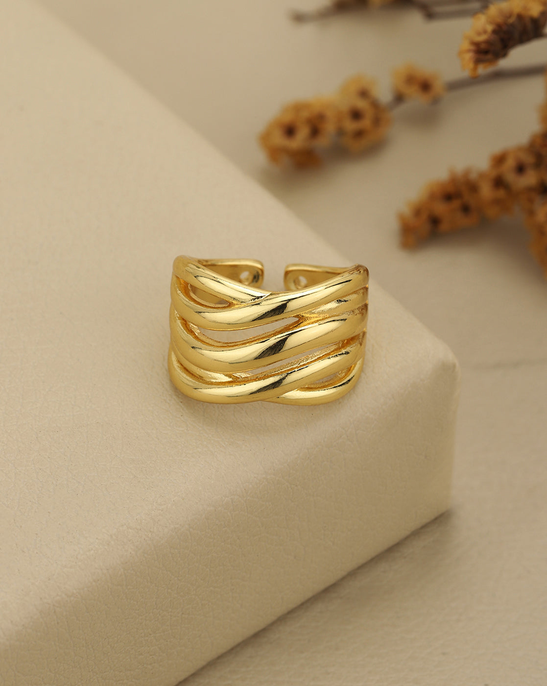 Gold Plated Sculptured Multi Band Wave Adjustable Ring