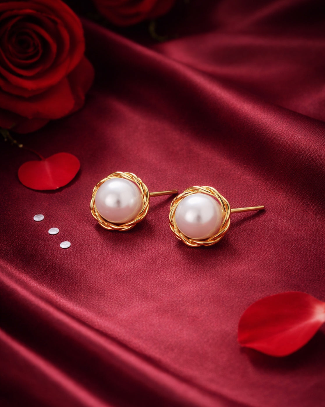 Gold Plated Braided Edged Bold Pearl Stud Earring