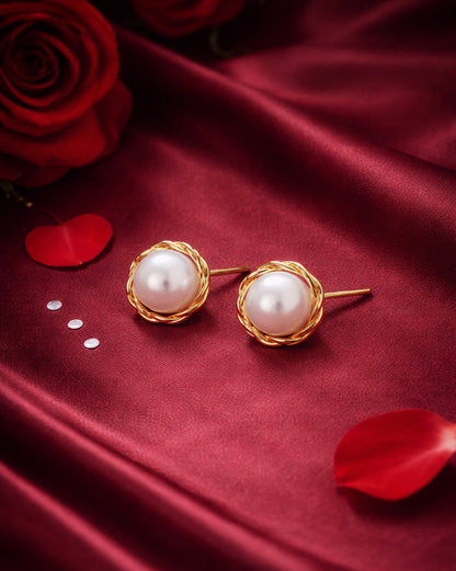 Gold Plated Braided Edged Bold Pearl Stud Earring