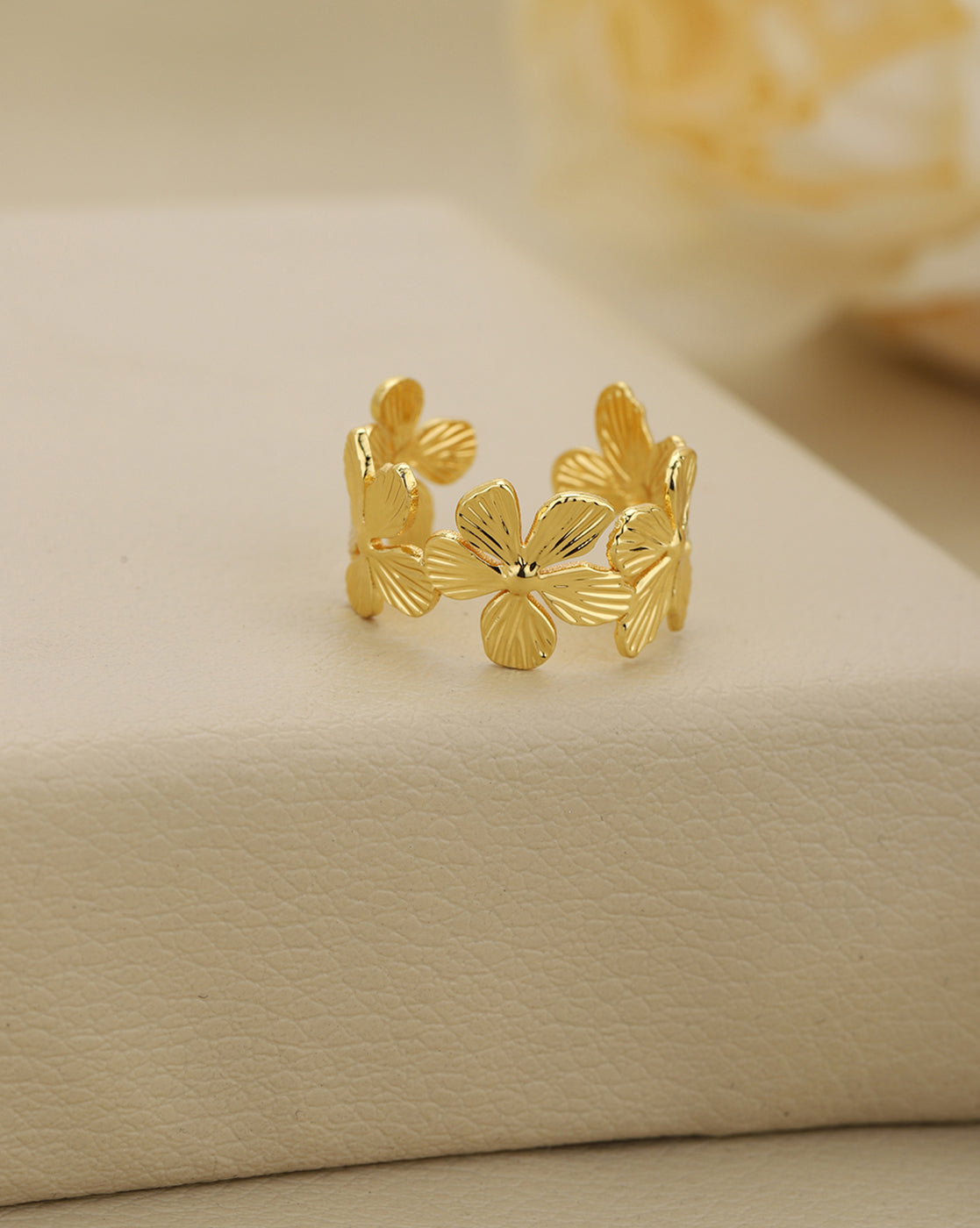 Gold Plated Textured Floral Adjustable Ring