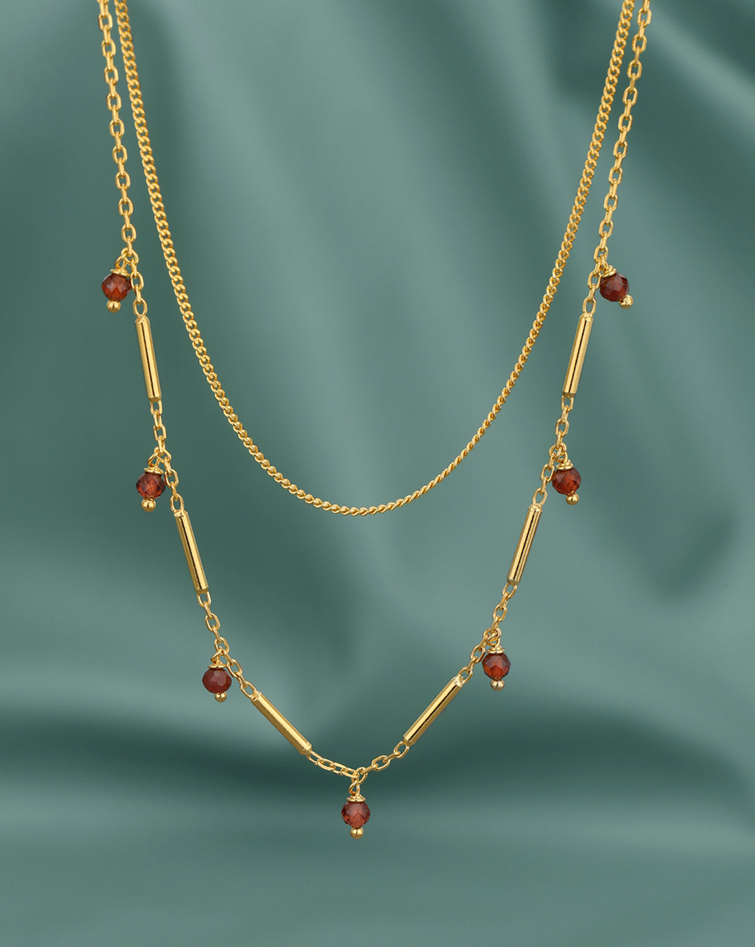18kt Gold Plated Garnet Red Stone Double Chain Necklace