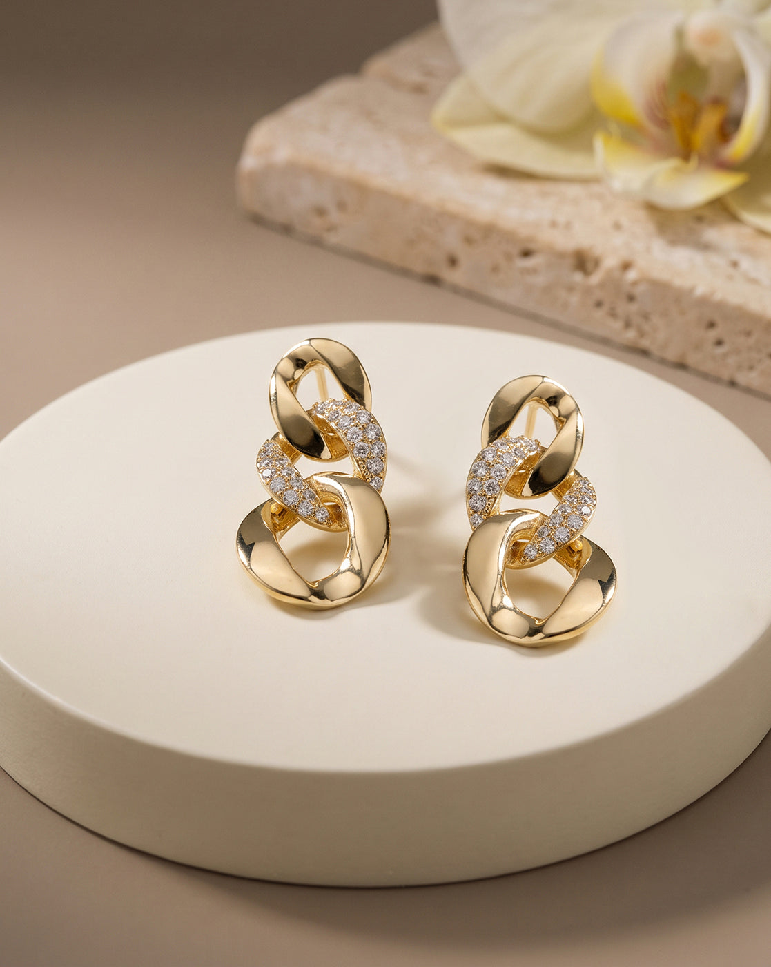 18Kt Gold-Plated CZ Interlocking Link Drop Earrings