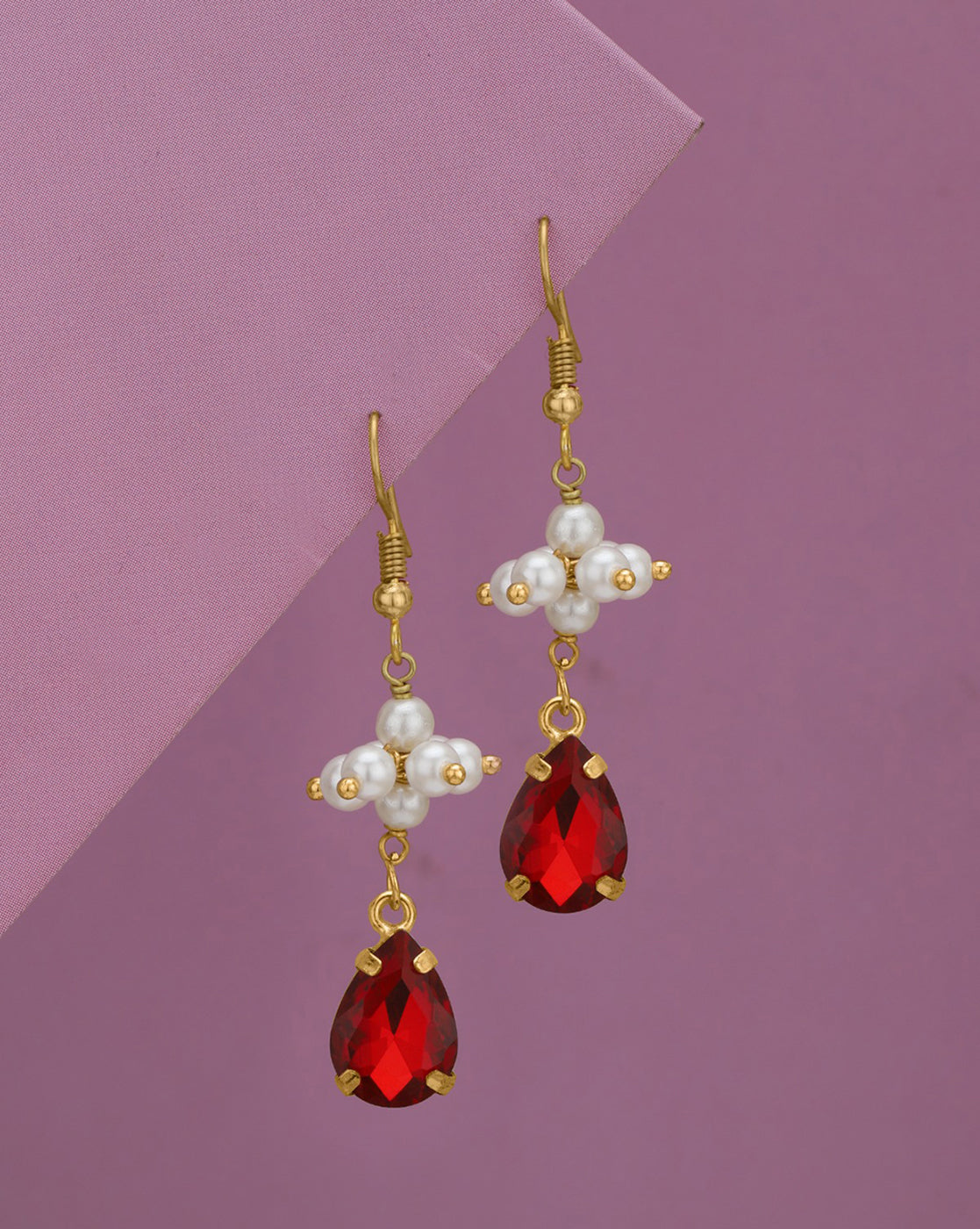 Gold Plated Pearl and Dangling Red Crystal Teardrop Earring