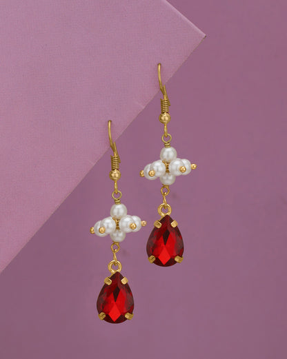 Gold Plated Pearl and Dangling Red Crystal Teardrop Earring