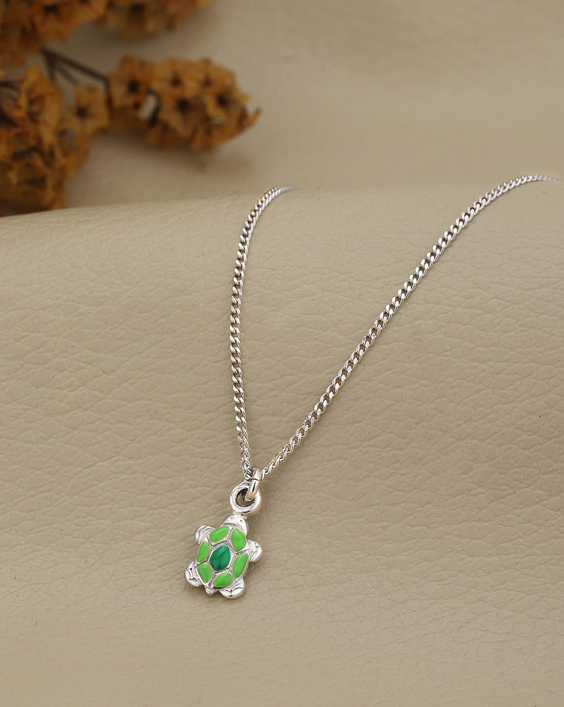 925 Sterling Silver Rhodium Plated Enamel Tortoise Pendant and Chain