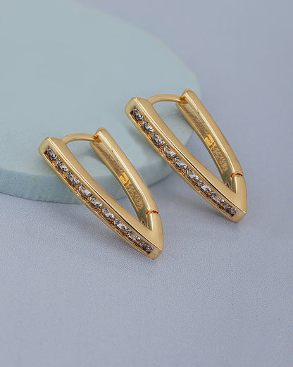 Gold Plated Sleek CZ V-Shaped Hoop Earrings