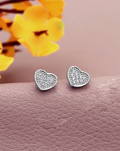 925 Steling Silver Rhodium Plated CZ Heart Petite Stud Earring