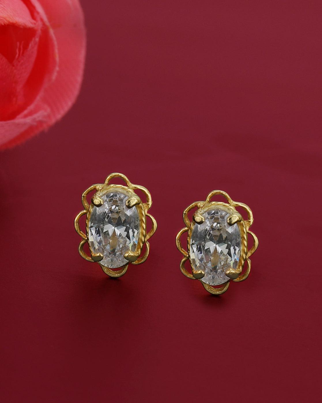 925 Sterling Silver 18kt Gold Plated Solitaire Floral Oval Stud Earring