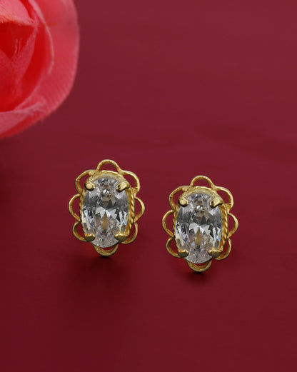 925 Sterling Silver 18kt Gold Plated Solitaire Floral Oval Stud Earring