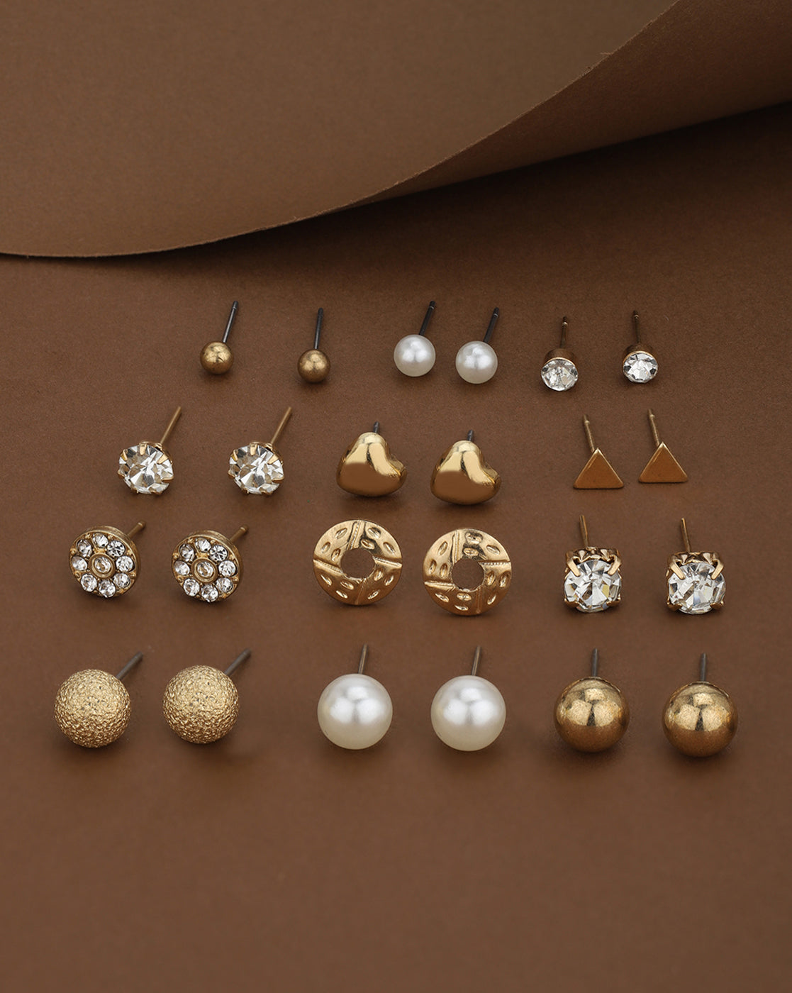Multipack Set of 12 Gold Plated CZ Studded, Textured, Pearl &amp; Triangular Stud Earrings