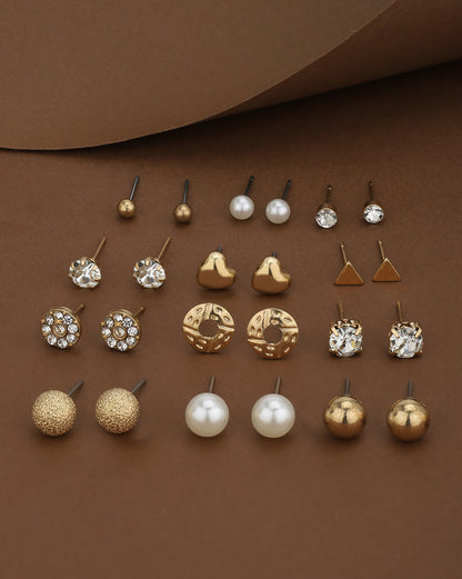 Multipack Set of 12 Gold Plated CZ Studded, Textured, Pearl &amp; Triangular Stud Earrings